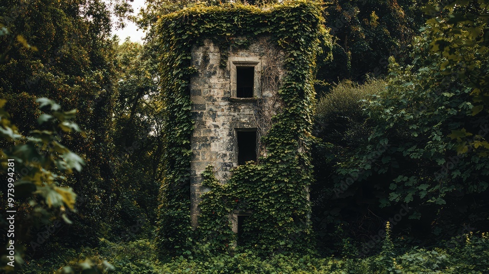 An abandoned tower overtaken by lush green vines, surrounded by dense foliage and trees, creating a mystical atmosphere. An abandoned tower overtaken by lush green vines, surrounded by dense foliage and trees, creating a mystical atmosphere.