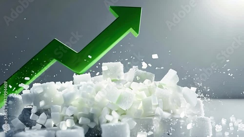3D render of sugar cubes and green arrow, price movement in global market, high detail, bright colors