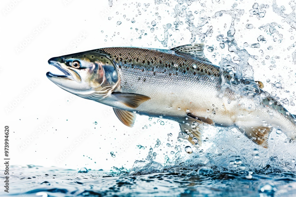 Fototapeta premium Salmon Jumping Out of Water with Blue Splash, High Resolution Photograph on White Background