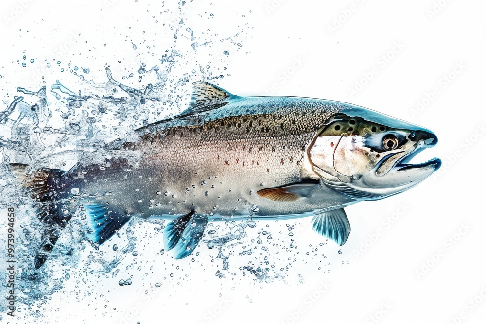 Fototapeta premium Salmon Jumping Out of Water with Blue Splash, High Resolution Photograph on White Background