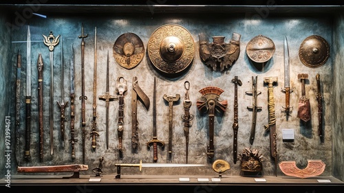 An array of historical weapons displayed in a museum showcase, showcasing swords, shields, and accessories from different eras. photo