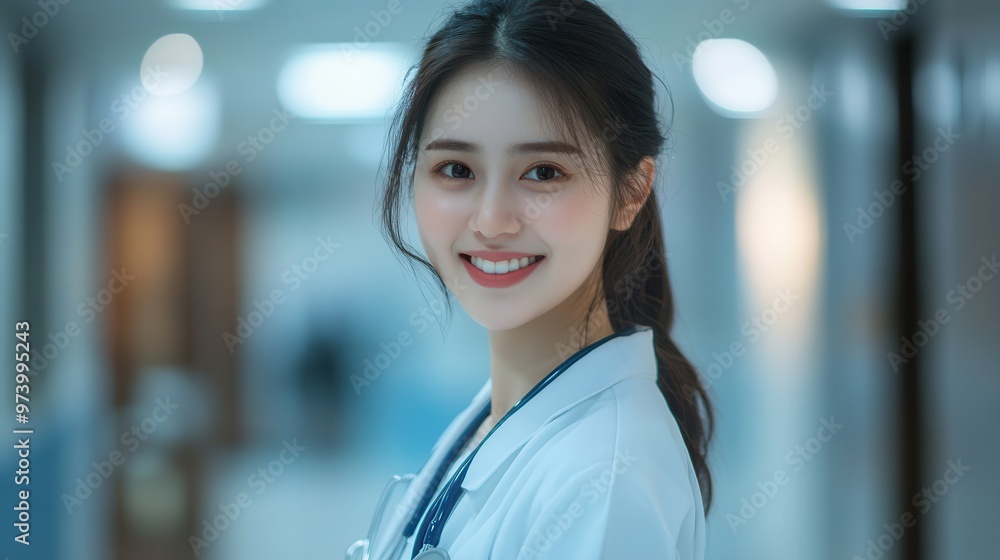 Fototapeta premium Smiling healthcare professional in a hospital corridor, embodying care and compassion for patients and community wellbeing.