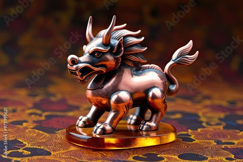 Copper Qilin Figurine on Amber Background for Cultural Celebrations photo