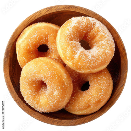 sugar rings donut with wooden bowl top view isolated on transparent white background, clipping path