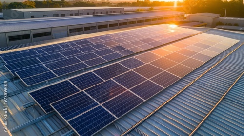 - An aerial view of a solar array on a commercial warehouse roof, highlighting the scale of renewable energy adoption in industrial and logistics sectors