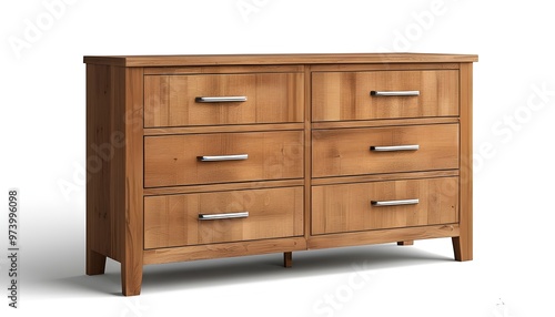 Elegant wooden dresser with three drawers featuring sleek silver handles against a clean white backdrop