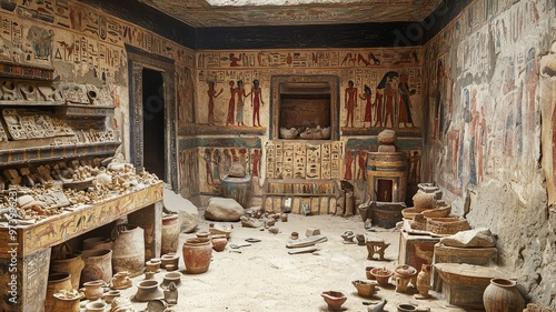 Ancient Egyptian tomb interior showcasing intricate wall art, pottery, and artifacts from a long-lost civilization.