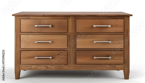 Elegant wooden dresser with three drawers featuring sleek silver handles against a clean white backdrop