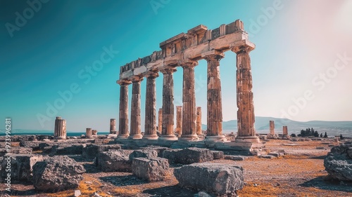 Ancient Greek ruins under a bright sky, showcasing majestic columns and historical architecture from a bygone era.