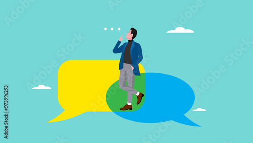 Second opinion, make a decision from two opinions, suggestions for consideration, reasons or logical thinking to make decisions, Businessman stand to consider between two opinions to make decisions