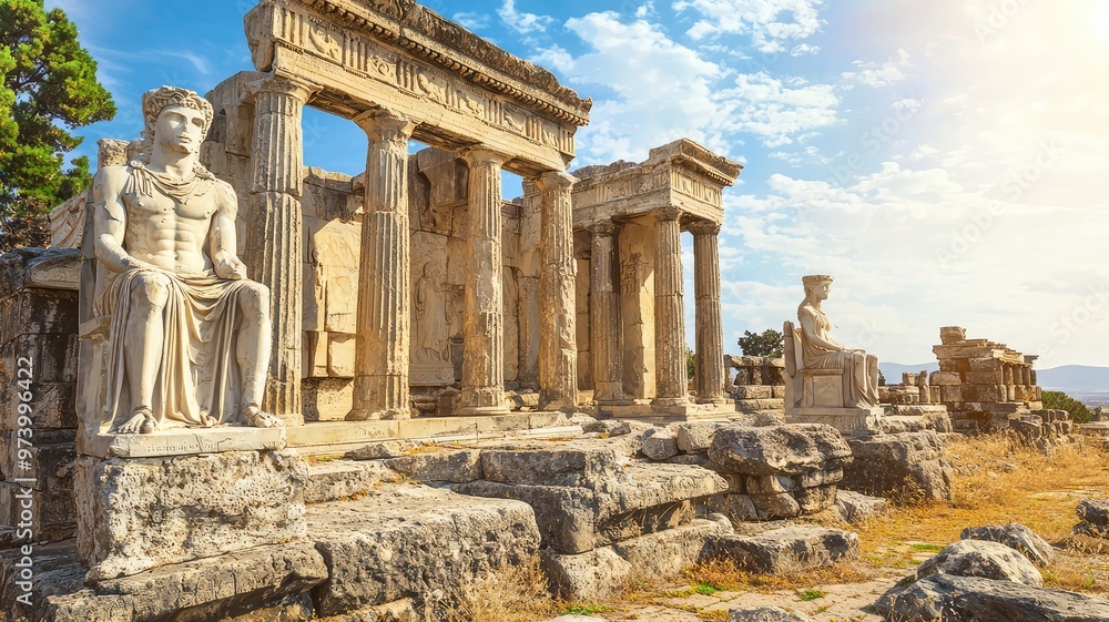 Obraz premium Ancient ruins with majestic columns and statues, showcasing historical architecture under a clear blue sky.