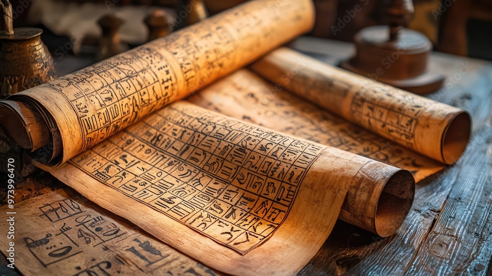 Ancient scrolls displaying intricate hieroglyphs, showcasing historical writing techniques and cultural artifacts on a wooden surface. Ancient scrolls displaying intricate hieroglyphs, showcasing historical writing techniques and cultural artifacts on a wooden surface.