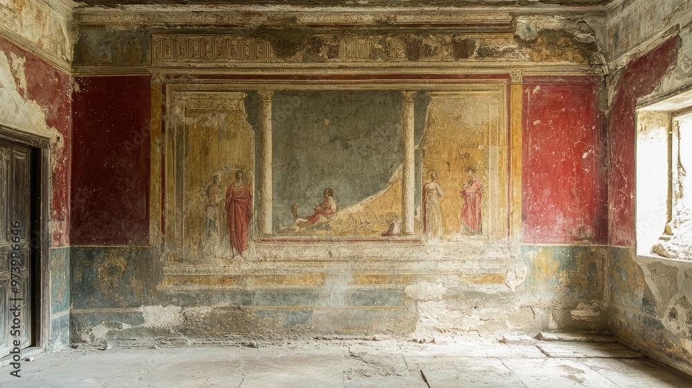 Ancient wall with vibrant frescoes showcasing historical artistry and design, found in a historic archaeological site. Ancient wall with vibrant frescoes showcasing historical artistry and design, found in a historic archaeological site.