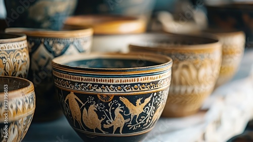 Artistic ceramic bowls adorned with intricate patterns and vibrant colors, showcasing traditional craftsmanship and design.