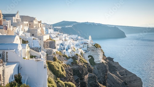 Beautiful coastal view of white buildings on cliffs, overlooking serene blue waters under a clear sky. photo