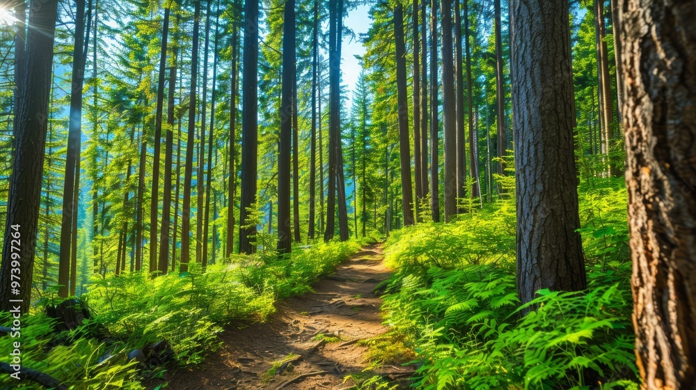 scenic view of a summer forest trail with tall trees, lush green foliage, and dappled sunlight filtering through the canopy, ideal for copy space for text scenic view of a summer forest trail with tall trees, lush green foliage, and dappled sunlight filtering through the canopy, ideal for copy space for text