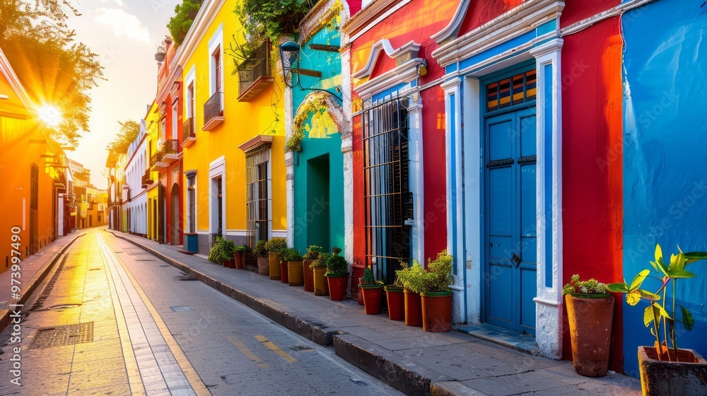 Fototapeta premium urban street lined with colorful buildings, bathed in golden hour light, with the setting sun casting a warm glow on the facades and creating a vibrant, lively scene, with ample copy space for text