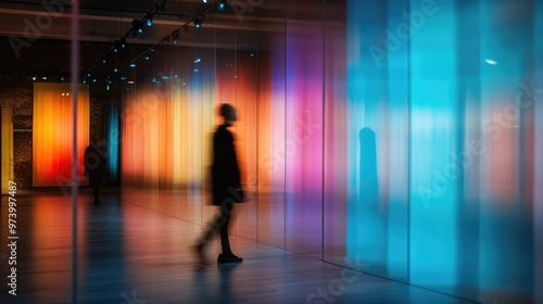 Fototapeta Naklejka Na Ścianę i Meble -  Abstract blurred modern gallery space with colorful lighting and silhouette of people	