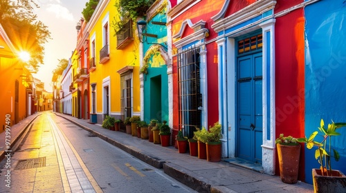 urban street lined with colorful buildings, bathed in golden hour light, with the setting sun casting a warm glow on the facades and creating a vibrant, lively scene, with ample copy space for text