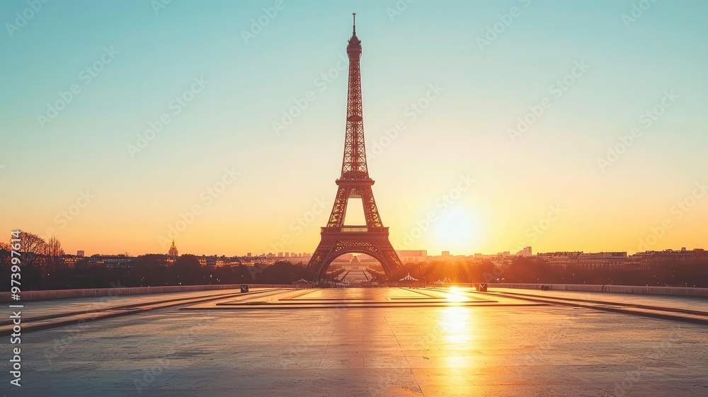 Naklejka premium Breathtaking view of the Eiffel Tower at sunrise, illuminating the Paris skyline with warm golden hues and a tranquil atmosphere.