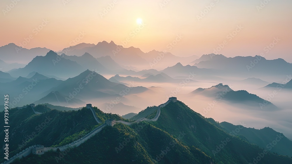 Obraz premium Breathtaking view of the Great Wall amidst misty mountains, illuminated by a soft sunrise, offering serene natural beauty.