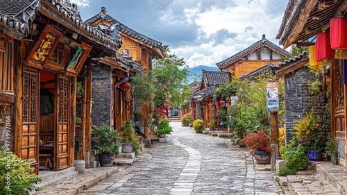 Charming narrow street lined with traditional wooden houses, vibrant flowers, and a serene atmosphere under a cloudy sky.