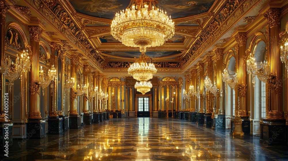 Obraz premium Elegant interior of a grand hall featuring ornate chandeliers, intricate architecture, and a polished marble floor.