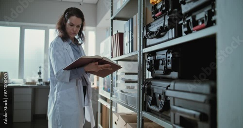 Wallpaper Mural Female scientist or lab worker stands near shelf with folders, protective cases and boxes with fossils, reads scientific book and searches information for research. Modern archaeological laboratory. Torontodigital.ca