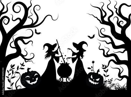 Black magic witches spell the words and cooking poison in magic pot. Silhouette illustration for Halloween.