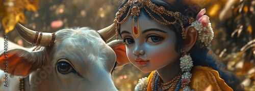 Indian religions like Hinduism hold devotional events whereby this adorable child Krishna is with the venerated cow. photo