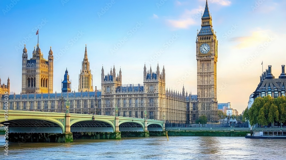 Obraz premium Iconic view of Big Ben and the Houses of Parliament in London at sunset, showcasing the beauty of British architecture.