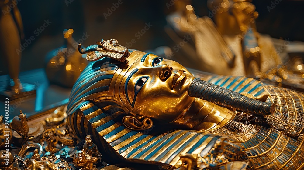 Fototapeta premium Intricate golden mask of an ancient Egyptian pharaoh, showcasing remarkable craftsmanship and historical significance.
