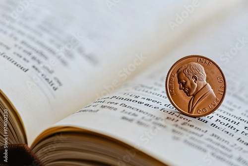 A shiny coin perched on an open book represents fortune and financial insight.