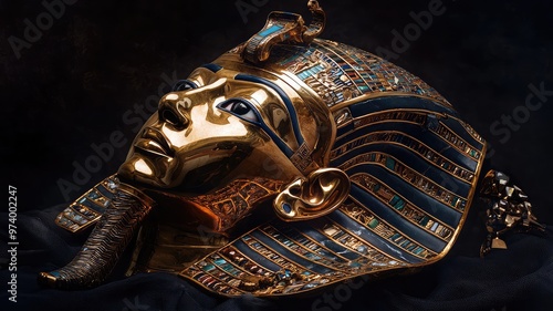 Intricate gold mask with detailed hieroglyphics, showcasing ancient Egyptian artistry and historical significance. photo