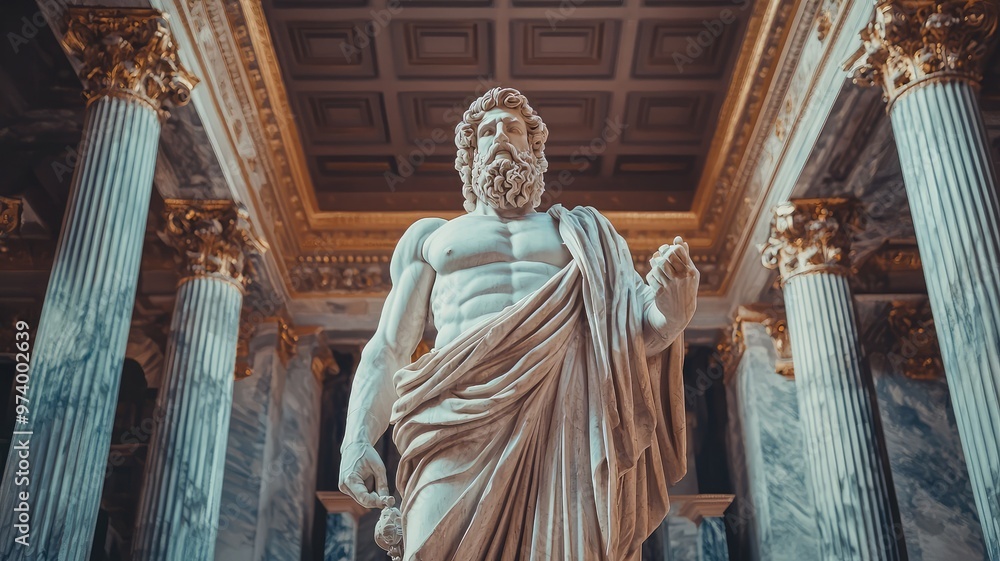 Fototapeta premium Majestic marble statue of a Greek god, showcasing intricate details and classical architecture in a grand setting.