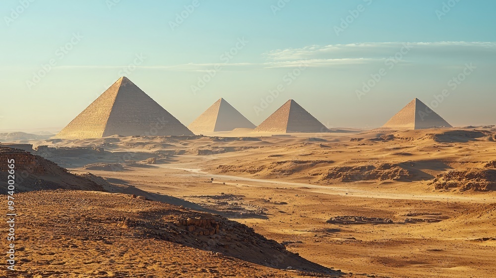 Majestic pyramids stand tall in the golden desert, reflecting ancient history and stunning architecture under a clear blue sky. Majestic pyramids stand tall in the golden desert, reflecting ancient history and stunning architecture under a clear blue sky.