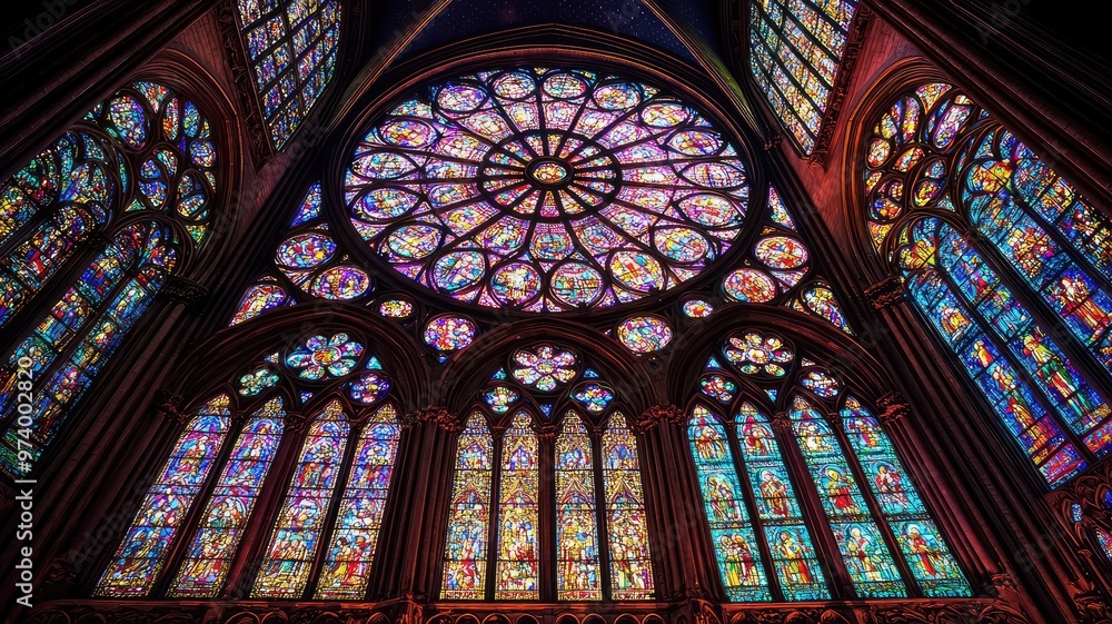 Obraz premium Majestic stained glass windows showcasing vibrant colors and intricate designs, illuminating the historic architecture.