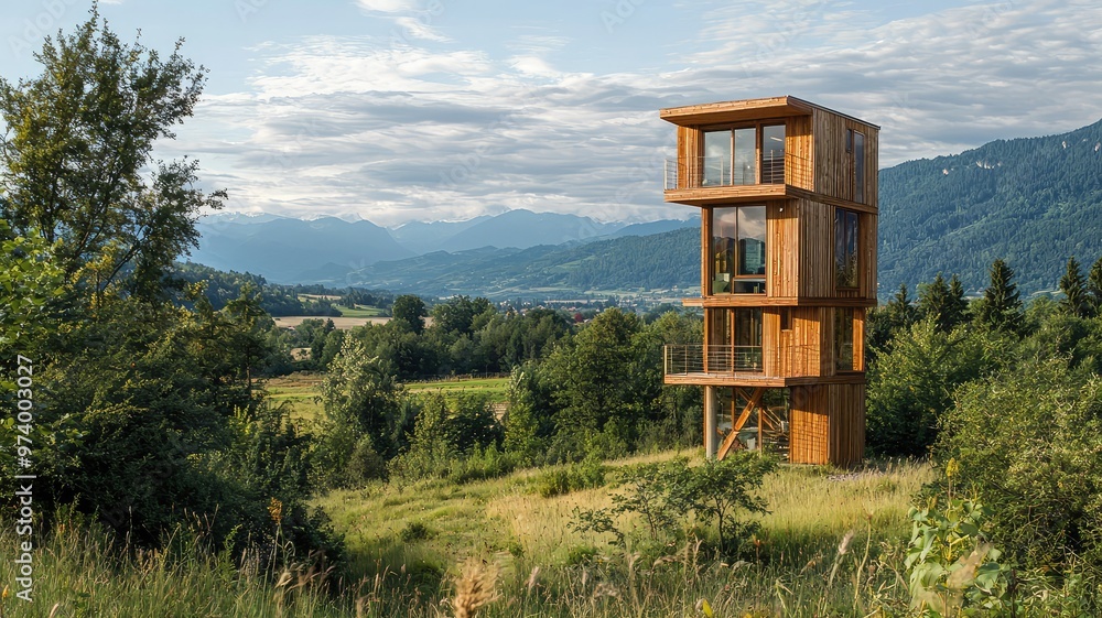 Modern wooden architecture set against a stunning natural landscape, blending nature with contemporary design. Modern wooden architecture set against a stunning natural landscape, blending nature with contemporary design.