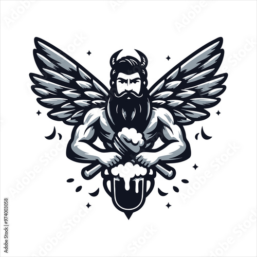 Winged warrior with beard and battle armor in a heroic fantasy silhouette vector illustration