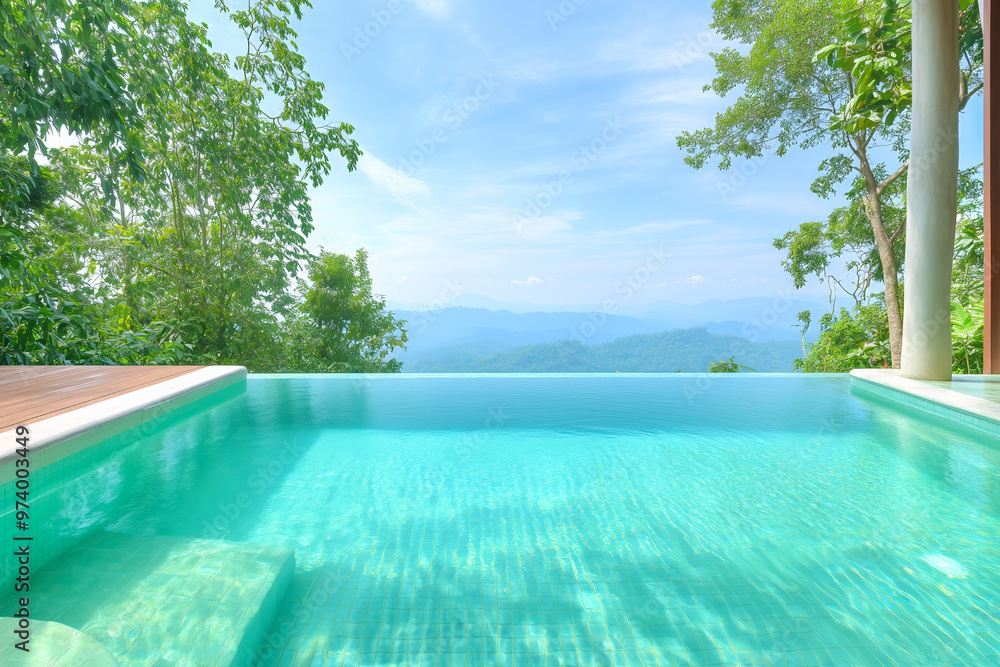 Fototapeta premium Stunning mountain view from an inviting infinity pool on a sunny day surrounded by lush greenery