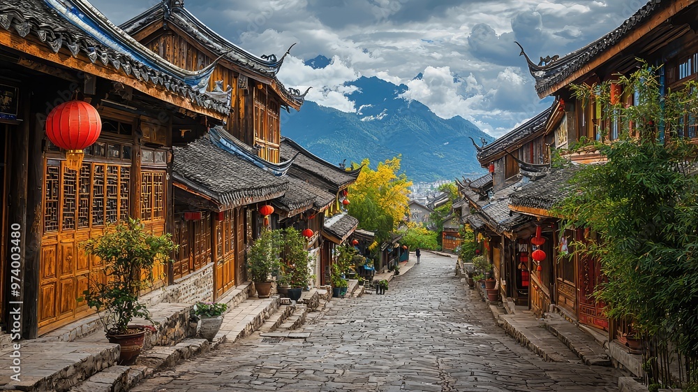 Obraz premium Scenic view of an ancient street lined with traditional buildings, mountains in the background, and lush greenery, evoking tranquil beauty.