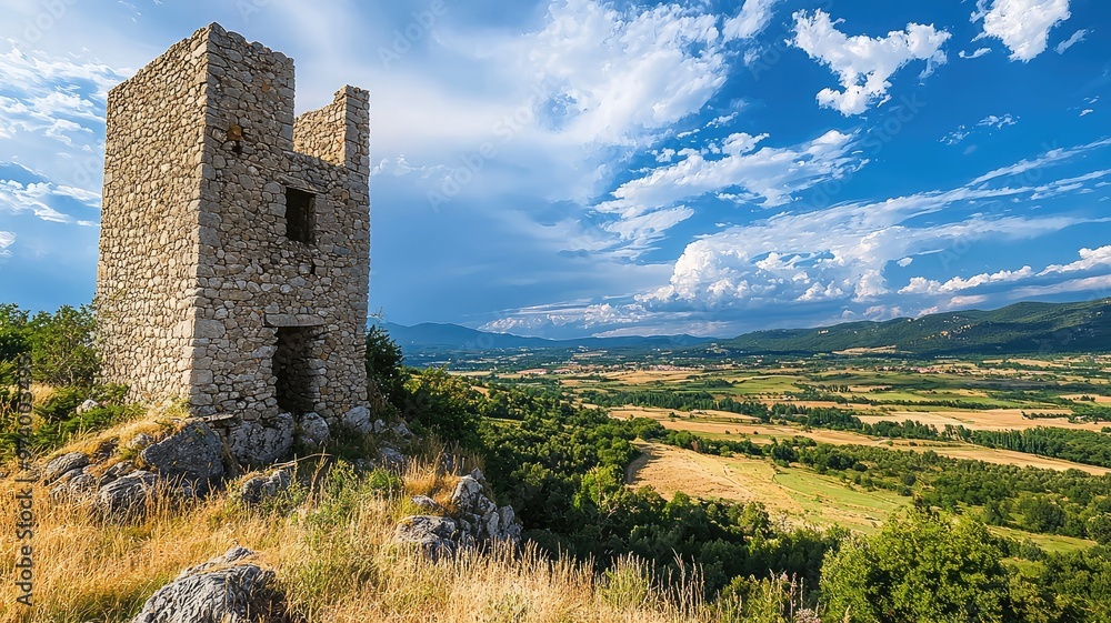 Scenic view of an ancient stone tower overlooking a lush green valley under a bright blue sky with fluffy white clouds. Scenic view of an ancient stone tower overlooking a lush green valley under a bright blue sky with fluffy white clouds.