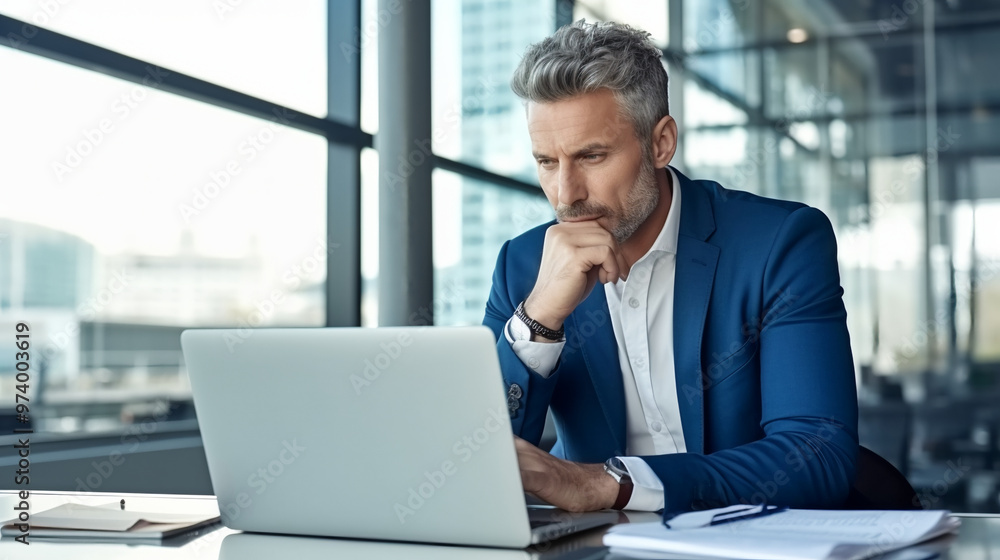 A handsome middle-aged businessman is sitting at his desk in the office, looking pensive and deeply focused on working with a laptop computer while holding his hand under his chin. A handsome middle-aged businessman is sitting at his desk in the office, looking pensive and deeply focused on working with a laptop computer while holding his hand under his chin.