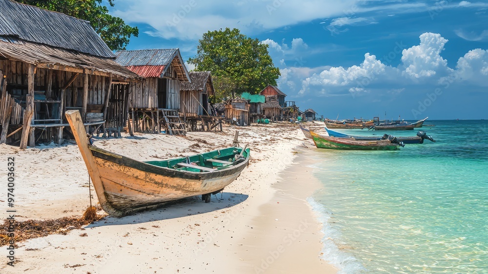 Scenic village by the beach featuring traditional boats, clear waters, and tropical landscape under a sunny sky. Scenic village by the beach featuring traditional boats, clear waters, and tropical landscape under a sunny sky.