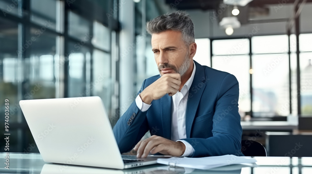 A handsome middle-aged businessman is sitting at his desk in the office, looking pensive and deeply focused on working with a laptop computer while holding his hand under his chin. A handsome middle-aged businessman is sitting at his desk in the office, looking pensive and deeply focused on working with a laptop computer while holding his hand under his chin.