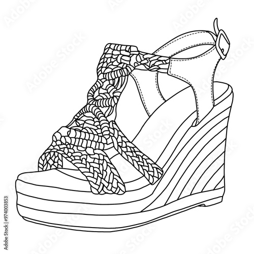 Wedge Sandals for Women Comfortable Strappy Platform Summer Shoes Line art, Technical sketch hand drawing outline vector doodle illustration 3D view isolated on white background