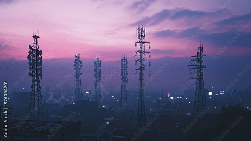 Silhouetted communication towers against a vibrant sunset sky, showcasing the blend of technology and nature at dusk.