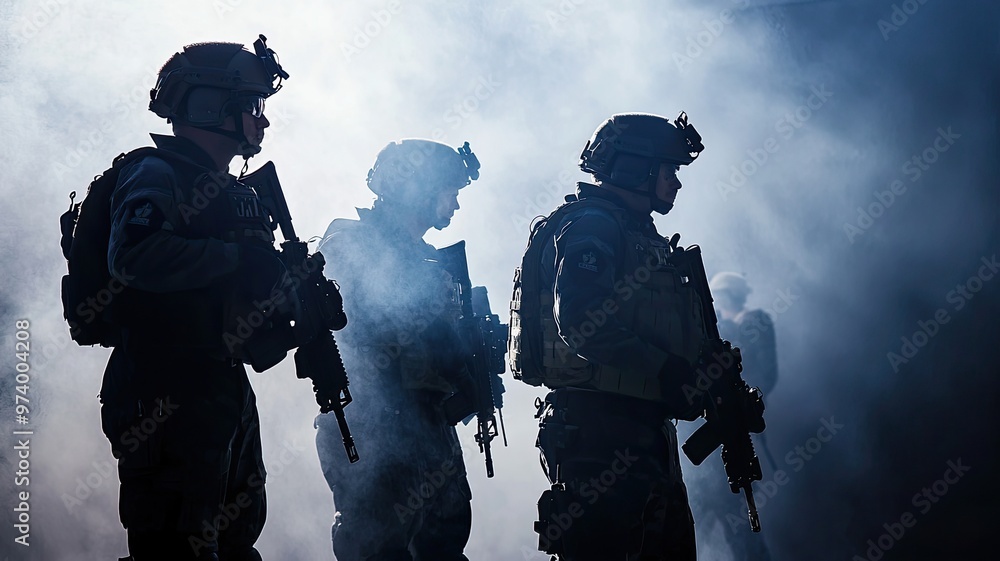 Silhouetted soldiers in uniform stand alert amidst smoke, ready for action in a tactical environment. Silhouetted soldiers in uniform stand alert amidst smoke, ready for action in a tactical environment.
