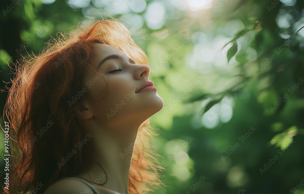 In a lush woodland, women are inhaling clean air. In a lush woodland, women are inhaling clean air.