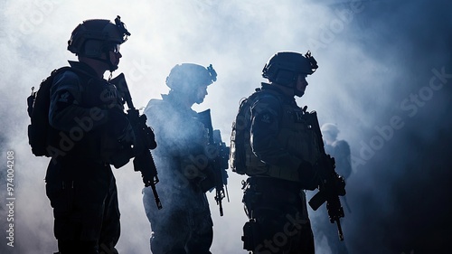 Silhouetted soldiers in uniform stand alert amidst smoke, ready for action in a tactical environment.